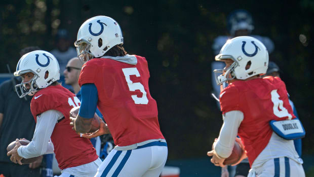 Indianapolis Colts quarterbacks Gardner Minshew II (10), Anthony Richardson (5), and Sam Ehlinger (4) run in sync during day 6 of Colts Camp, Thursday, Aug. 3, 2023 at Grand Park.